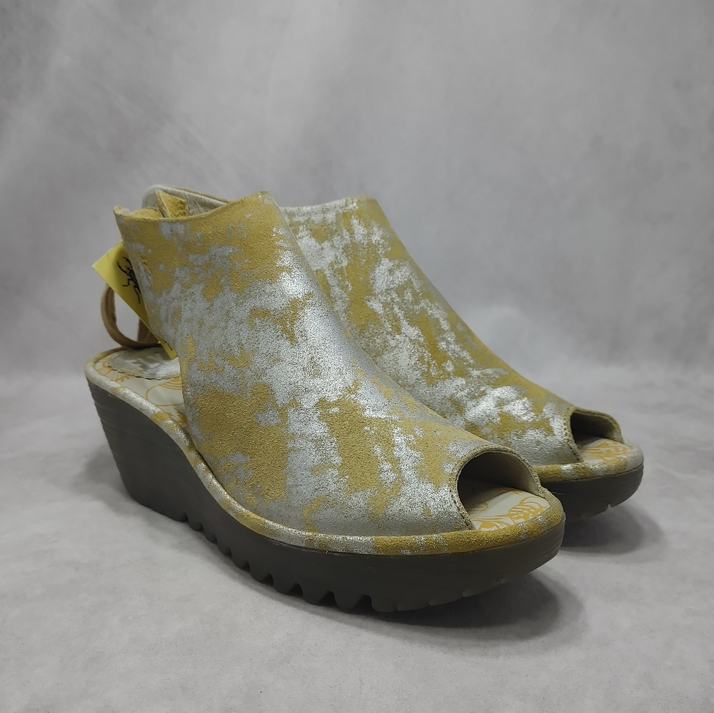 Fly London Yuzu Platform Wedge Peep Toe Sandal Distressed Leather Yellow 37 7